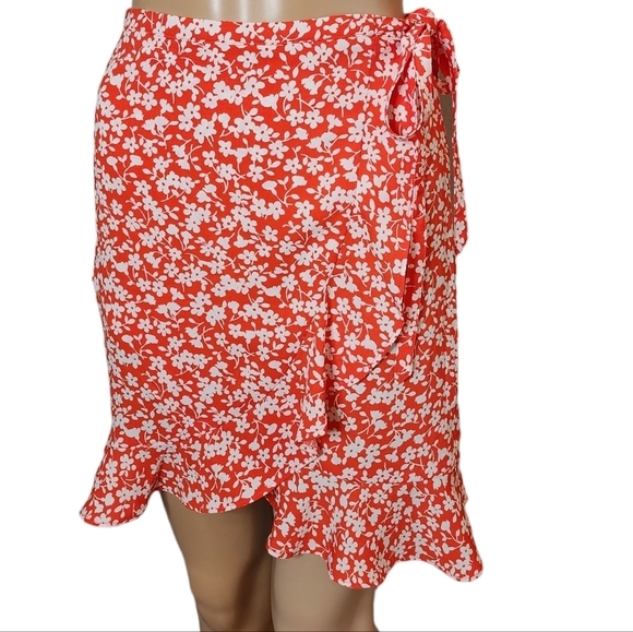 NWT J. Crew coral floral skirt.  Faux wrap.  Stretch waist. Ruffle Hem. … - Picture 11 of 16